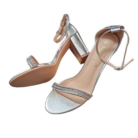 Allegra K Sandals Block Heels Solid Rhinestone Ankle Strap Sandals Silver 9 - Picture 2 of 5